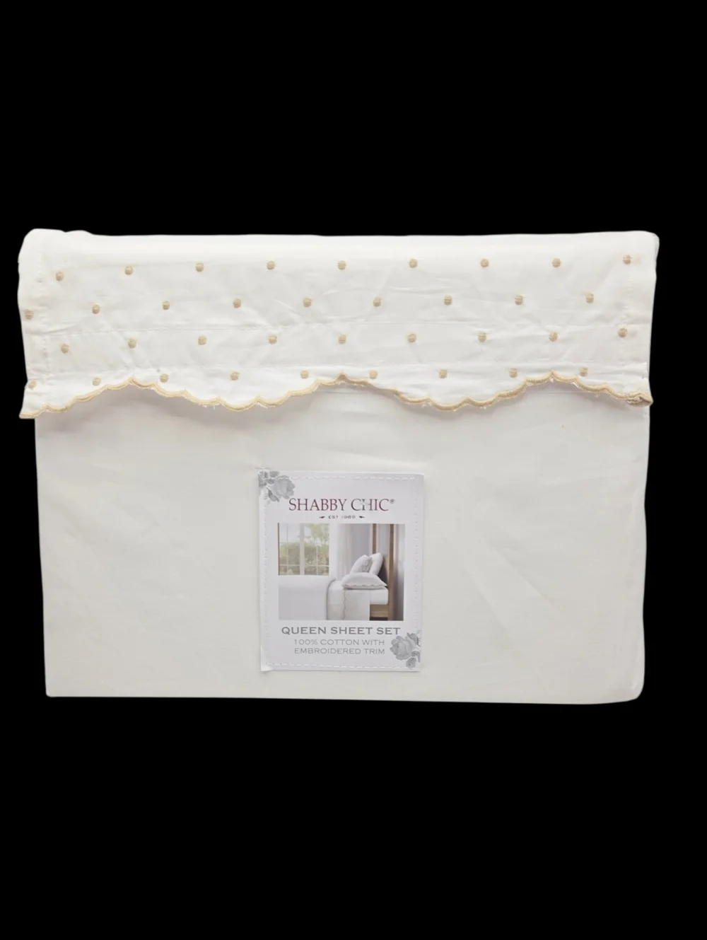 Shabby Chic 4pc White Cotton Queen Sheet Set Embroidered Scalloped Tan Polka Dot